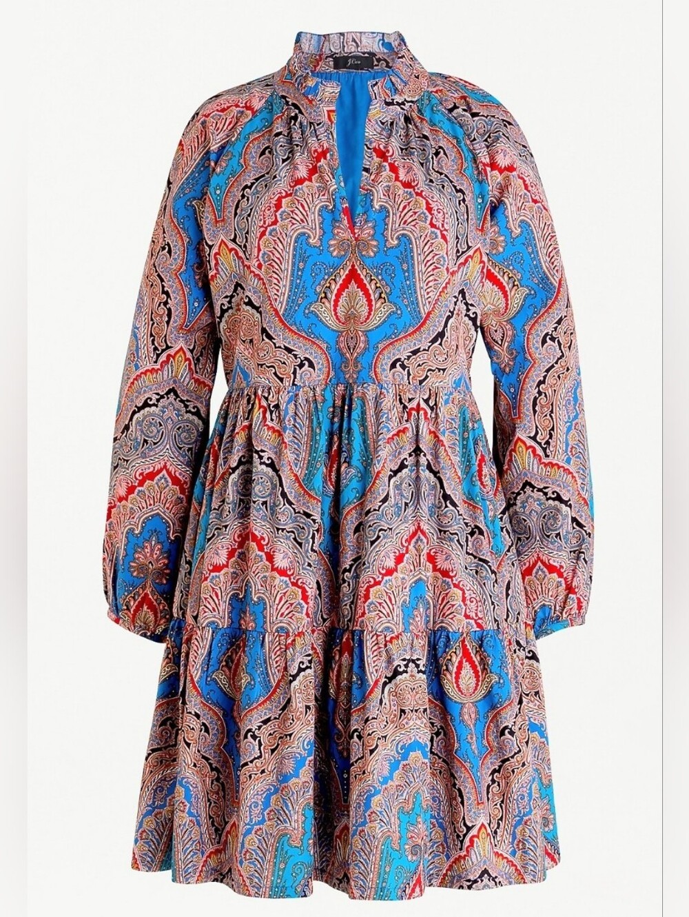 J Crew Printed Blue Paisley Tiered Long-Sleeve Mini Dress